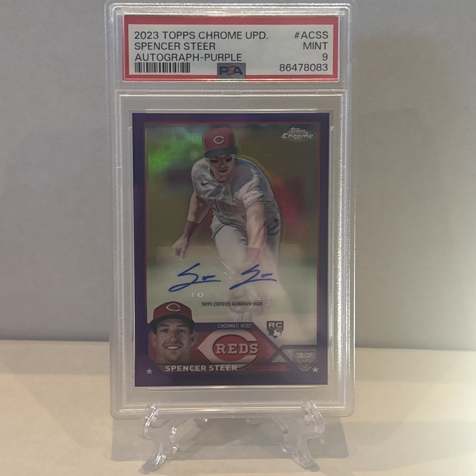 2023 Topps Chrome Update Series - Spencer Steer Purple Refractor Auto /250 PSA 9