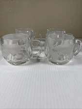 Vintage 1970's Nescafe Etched Glass Globe World Coffee Mugs Set Of 4