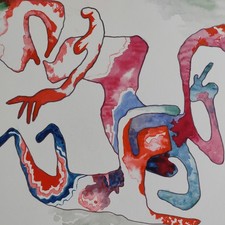 Bold Abstract Gouache & Ink Painting Signed FK Owen '72 Bright Portrait Figures