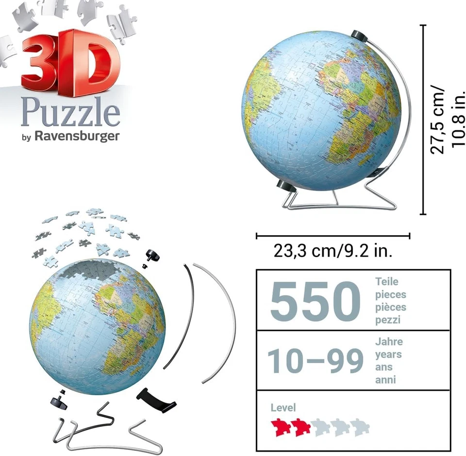 Ravensburger World Globe on a V-Stand 3D Jigsaw Puzzle & Eiffel Tower 3D Jigsaw - Immagine 3 di 4