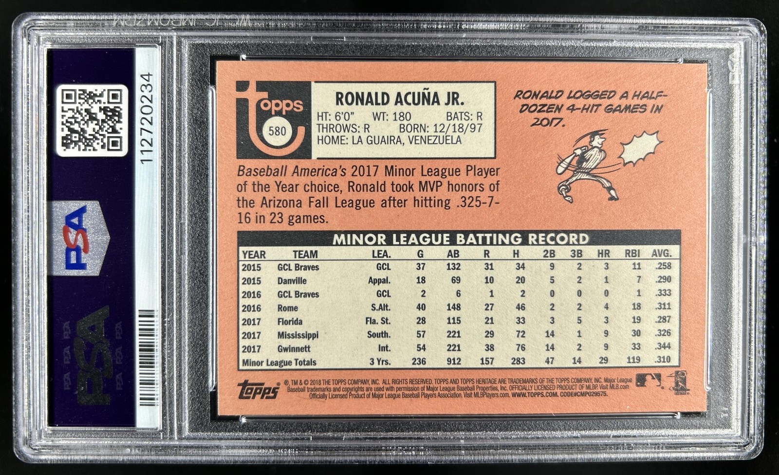 2018 Topps Heritage Ronald Acuna Jr. Rookie RC #580 Braves PSA 10 GEM MINT view 2