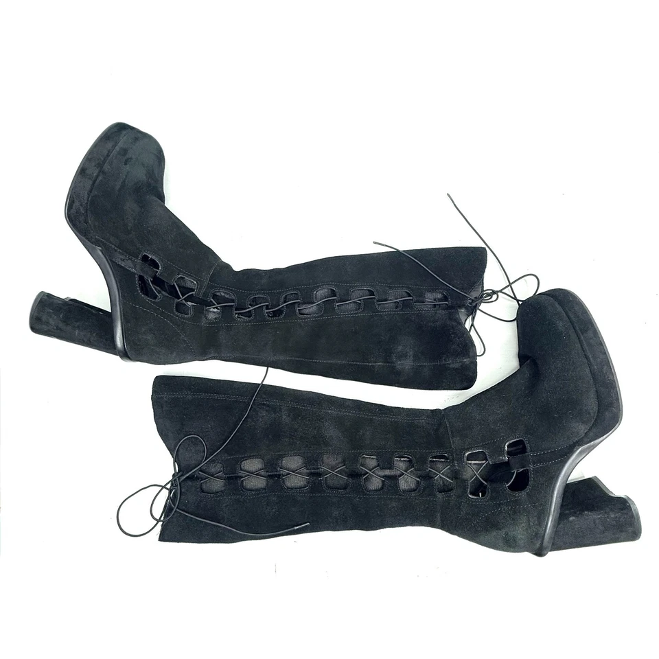 SBICCA Ambrosia Suede Square Toe Side Lace Up Knee High Boots Womens 8 Black - Image 4 of 4