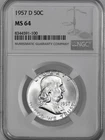 1957-D  50C  FRANKLIN SILVER HALF DOLLAR "DENVER"  NGC MS64 #8344591-100