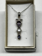Vintage Sterling Silver 925 Amethyst Pearl Pendant w/ 18" Italian Box Chain