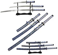 3-Piece Samurai Sword Set w/ Stand – Blue & Gold Crackle Scabbard, 1095 Steel