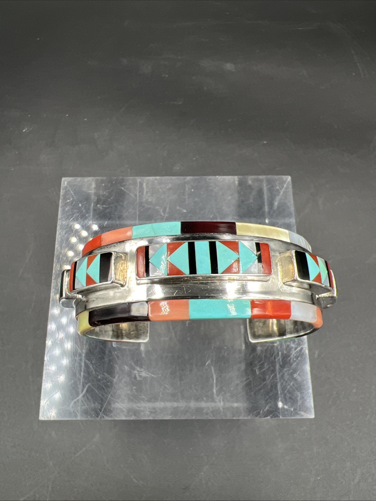 VTG Multi Stone Inlay Bracelet Raised Center Row … - image 1