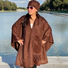 ANDEAN ALPACA BABY ALPACA HANDMADE WOMEN BROWN SHAWL CAPE PONCHO L