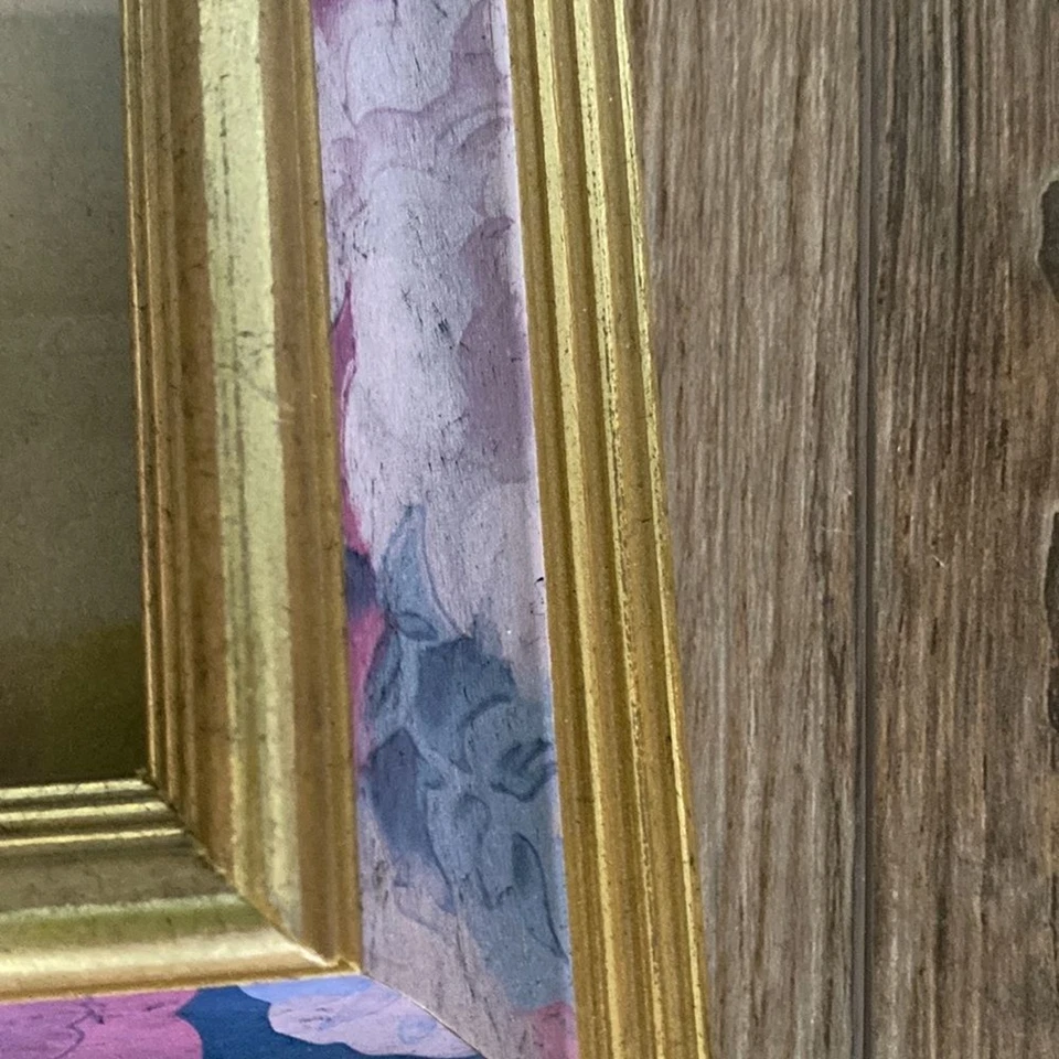 Marco floral vintage Burnes of Boston dorado púrpura rosa 7x5 Cottagecore Foto 2 de 4