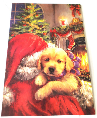 Christmas Card Santa Holding Cute Puppy Golden Retriever Fireplace Tree ...