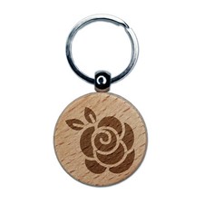 Rounded Rose Flower Engraved Wood Round Keychain Tag Charm