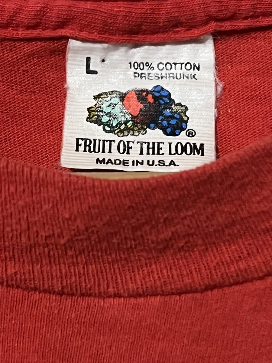80s VTG MADE IN USA Red Pocket T Shirt Large Single Stitch Fruit  