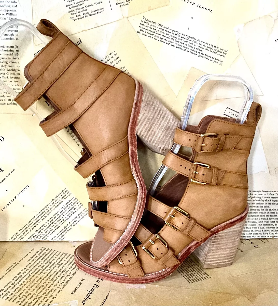 Free People Buckle Up Baby Sandal Boot Tan Leather Block Heel 37/7 NEW
