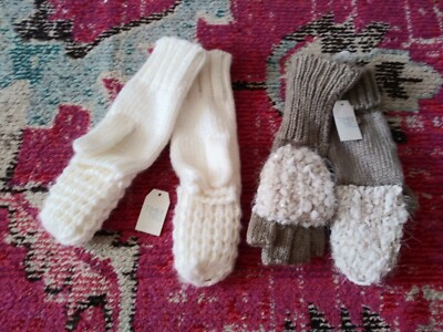 2 pairs NEW knit mittens pop top flip top gloves ivory and tan Time Tru Womens