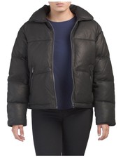 June Nubuck Leather Quilted Jacket Down Filled Puffer Coat W/ Rabbit Fur Pockets