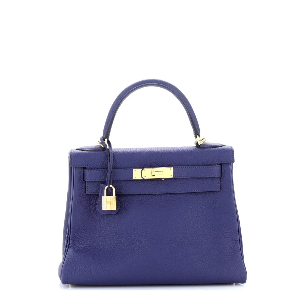 Bolso de Mano Hermes Kelly Azul Togo con Herrajes Dorados 28