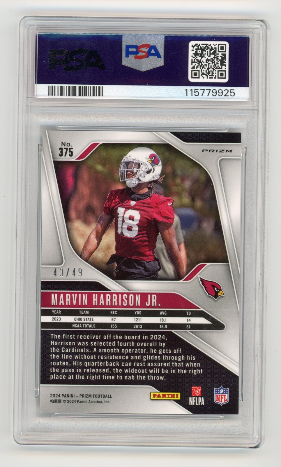 2024 PANINI PRIZM #375 MARVIN HARRISON JR. /49 RC PURPLE POWER PSA 8 NM-MT view 2