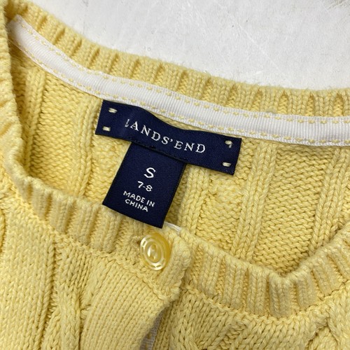 Lands' End Girl's Short Sleeve Button Up Cable Sweater Yellow Size Small 7/8 - Picture 6 of 10