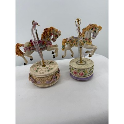 Vintage Carousel Horse Music Box Pair Floral Porcelain Ceramic Working 7 Inch