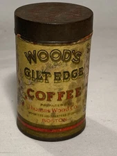 c1915 Wood's Gilt Edge Coffee Thomas Wood Co Boston Mass. Sample Size Coffee Tin
