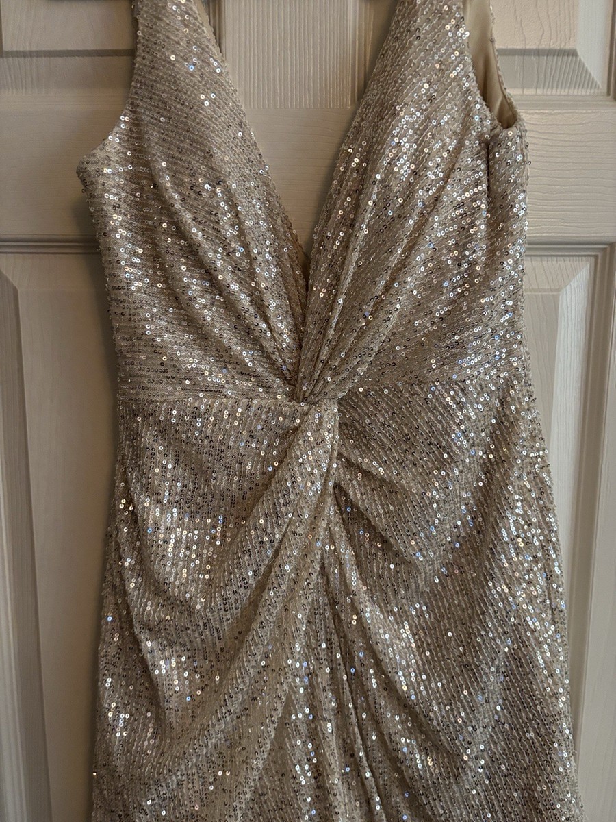 Ieena for Mac Duggal Front Twist Plunging Sequin Mini Dress Sz 10 Gold MSRP  $298