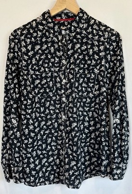 Foxcroft Womens Size 8 Button Up Sheer Cotton Blouse Navy & White Ditzy Floral 