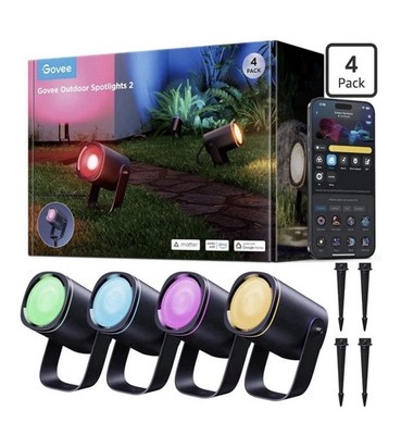 Govee Outdoor Color Spotlights V2, 4-Pack, Model H7094, Smart Control, Phone App