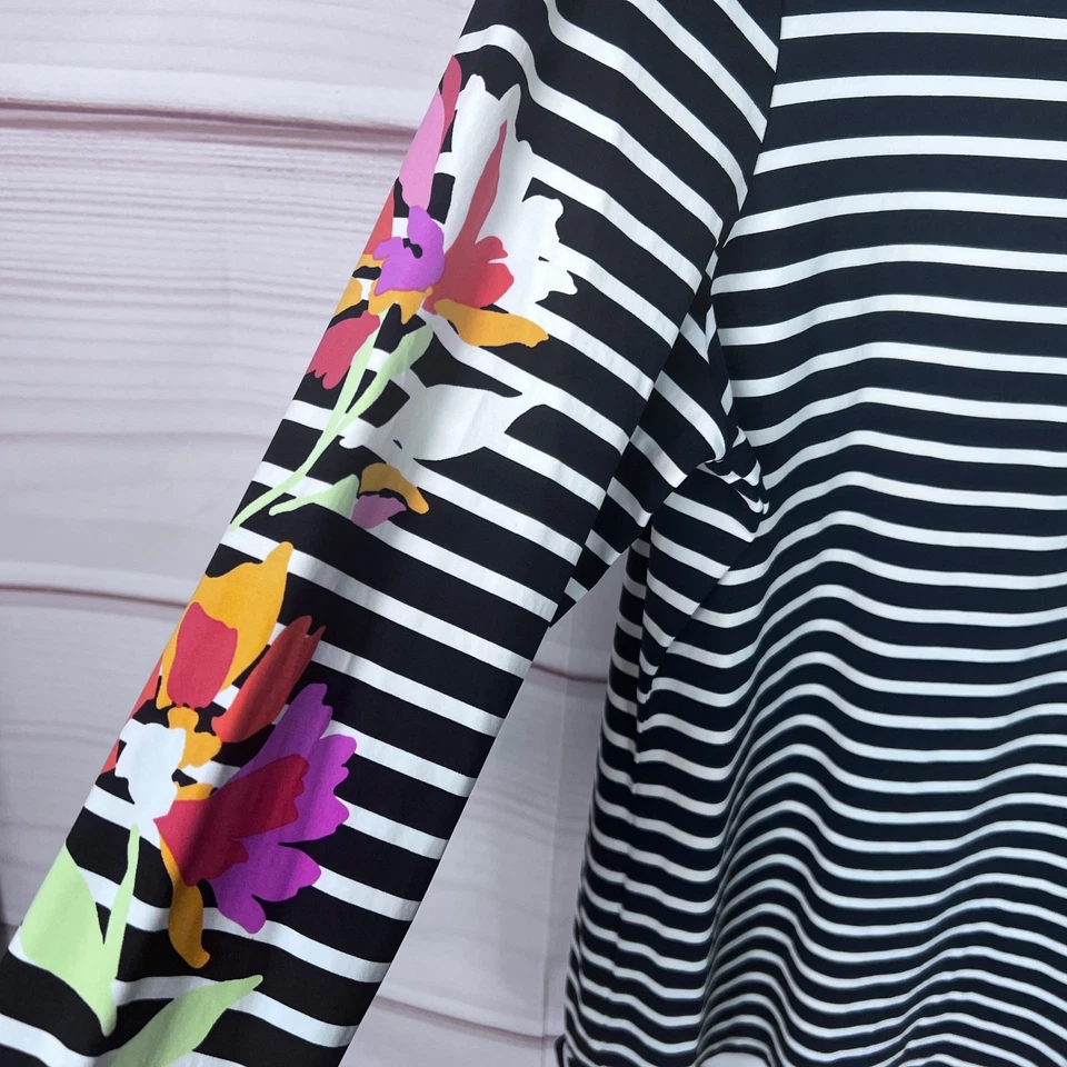 Lands End Top Womens L Blue Striped Rash Guard Floral Long Sleeve Round Neck - Image 4 of 4