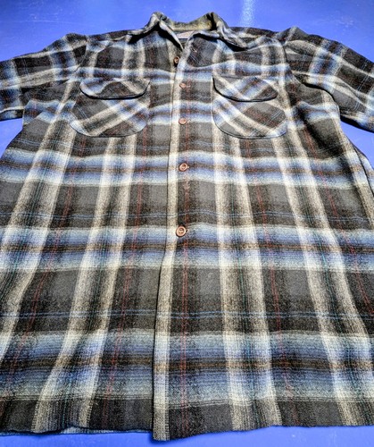 Vintage 70s Pendleton Loop Collar Board Shirt Slate Blue Charcoal Shadow Plaid L