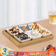 Ceramic Snack Serving Tray Set with Bamboo Lids - 6 Piece Platter