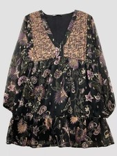 Zara Black Gold Multi Floral Boho Tiered Tunic Dress Small PB38/9