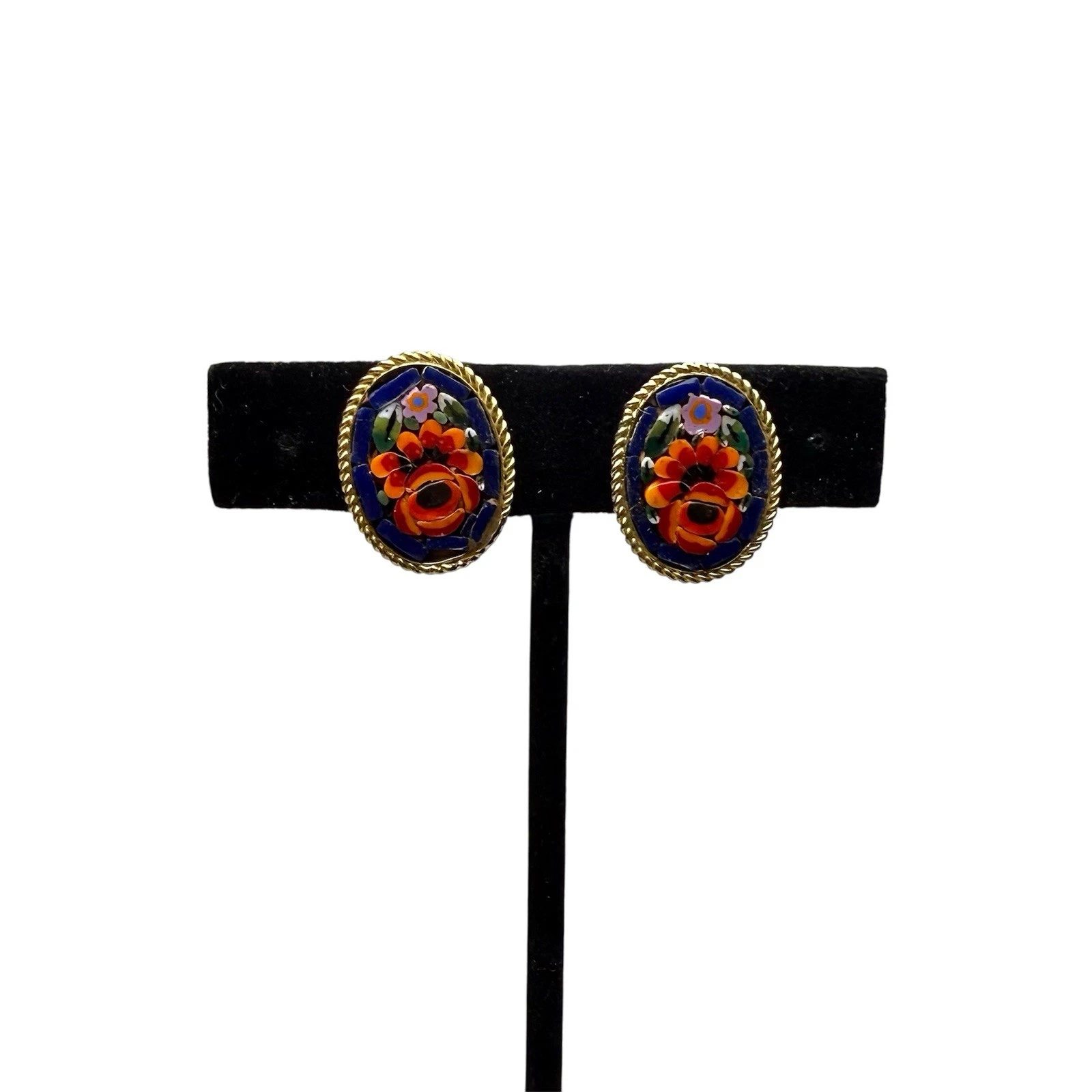 Micro Mosaic Floral Multicolor Unique Gold Tone Vintage Earring Jewelry E69