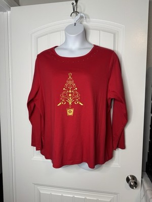 NWOT Casual Living 3X Cotton Holiday Top Long Sleeve Gold Embellishment
