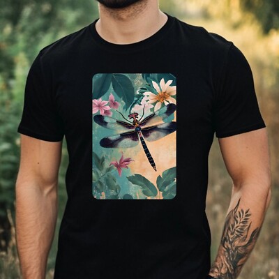 Mens Dragonfly Flower Print Cotton T-Shirt Size XS to 5XL