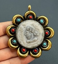 Rare ancient Roman king face intaglio with stones gold plated pendant