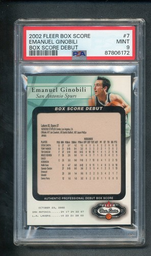 2002-03 Fleer Box Score Debut /2002 Manu Ginobili Rookie RC PSA 9 MINT SPURS HOF