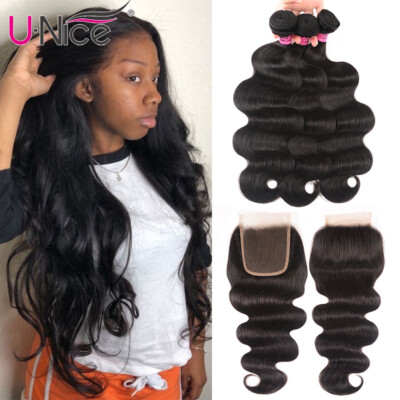 UNice Malaysian Body Wave 3 Bundles Human Hair Extensions with Lace Closue Weave