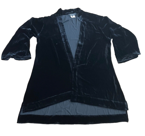 Citron Santa Monica Black Velvet Duster L Hi-Low Mid-length Open Kimono Jacket - Imagen 1 de 6