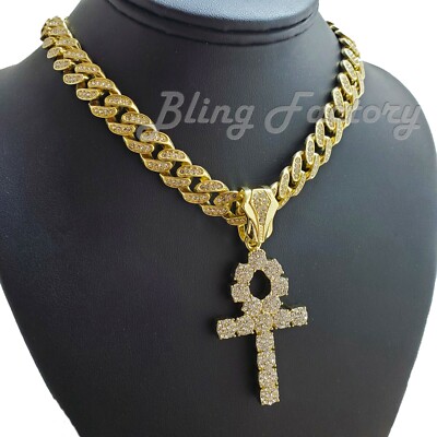 Hip Hop Gold Ankh Cross Pendant & 16'' 18'' 20'' 24'' Full Iced Cuban Chain Necklace