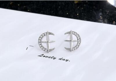 Silver Tiny Sun Ray Moon Star Pave Cubic Zirconia White Gold Stud Earring
