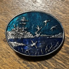 Vintage Flying Ducks Lake MultiColor Enameled Belt Buckle Unmarked 2031