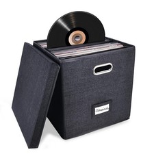 Vinyl Record Storage Box Album Holds 50 Single LP Organizer Crate Lid Black