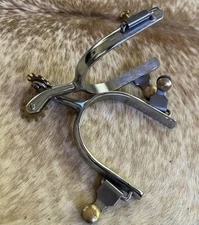 Pair Adult Western Chrome Plated Spurs Brass Buttons and Rowels