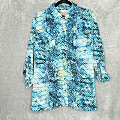 White Stag Top Shirt XXL 2X Blue Snake Print Button Up Tab 3/4 Sleeve Collared