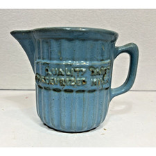 Vtg Blue Green Pottery vertical Ribbed Small 4.5” Stoneware Milk Pitcher handle