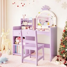 Kids Dressing Table, Girls Vanity Set with Chair, LED Lights Mirror, Drawers, St