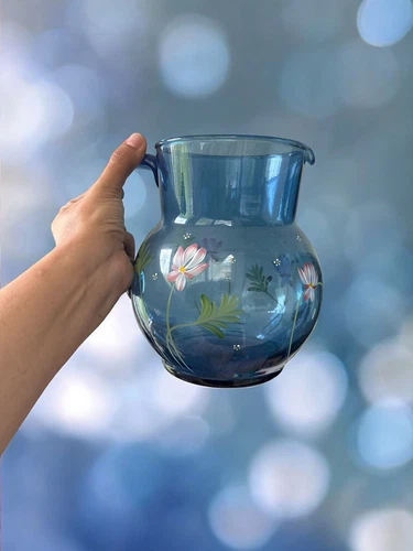 FENTON Hand Painted K. LAUDERMAN  FEDERAL BLUE BULBOUS PITCHER