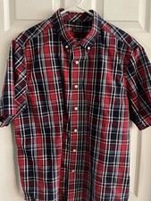 George Navy Blue Red Plaid Short Sleeve Button Down Mens L 42-44 