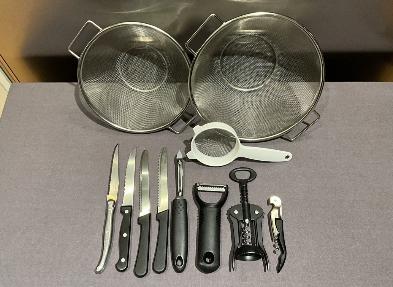 USED Set of 11 Stainless Steel Knives Peelers Mesh Strainers 4” 8” 9” Corkscrews