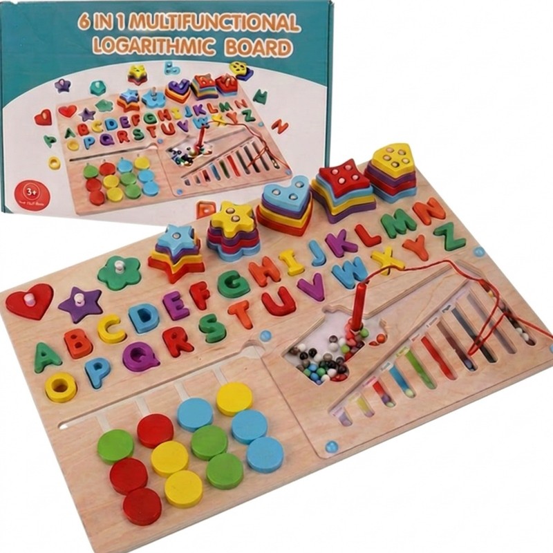 6-in-1 Wooden Alphabet Learning Board Puzzle w/ Shapes & Beads, Multicolor