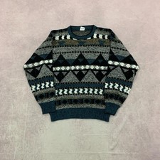 Vintage abstract knitted jumper Patterned Grandad chunky knit sweater Men's L